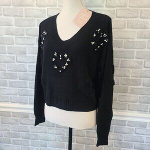 Love Tree Black Heart Embroidered Faux Pearl Sweater Feminine NEW Med Whimsical